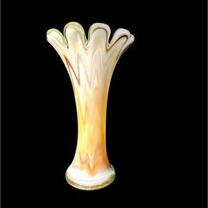 Hand Blown Vase Murano Style Pulled Finger Swung Art Glass Amber Brown White 10.